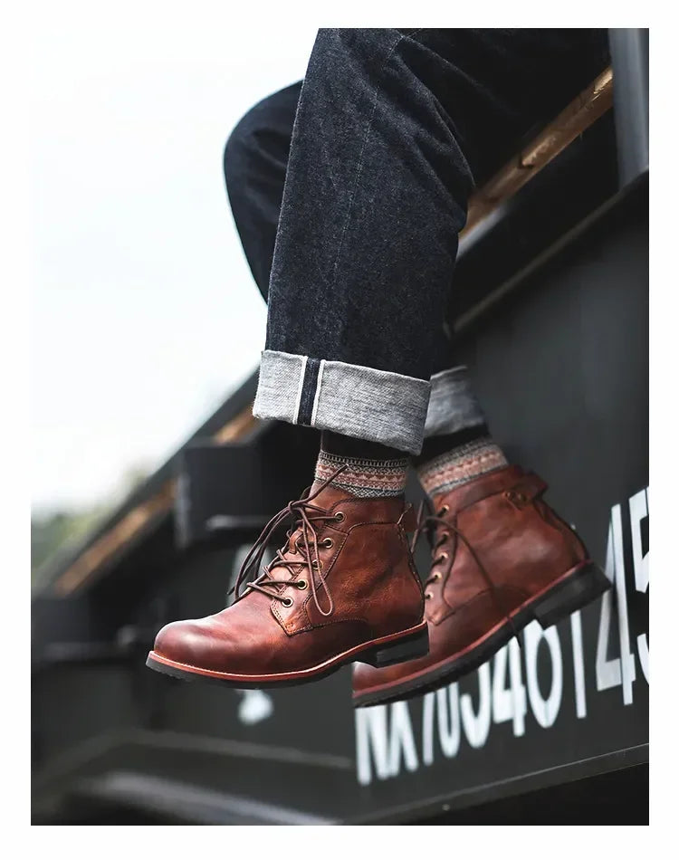 Motorcycle Boots American Casual Leather Shoes Men's UK Style Retro Work Shoes Men Big Head Lace Up Ankle Boot Plus Size Male