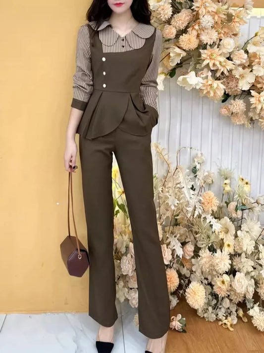 Fashion Ladies Set Office Clothes Autumn New Retro Slim Doll Collar Stripe Spliced Shirt Top Straight Pants 2-Piece Suit Women