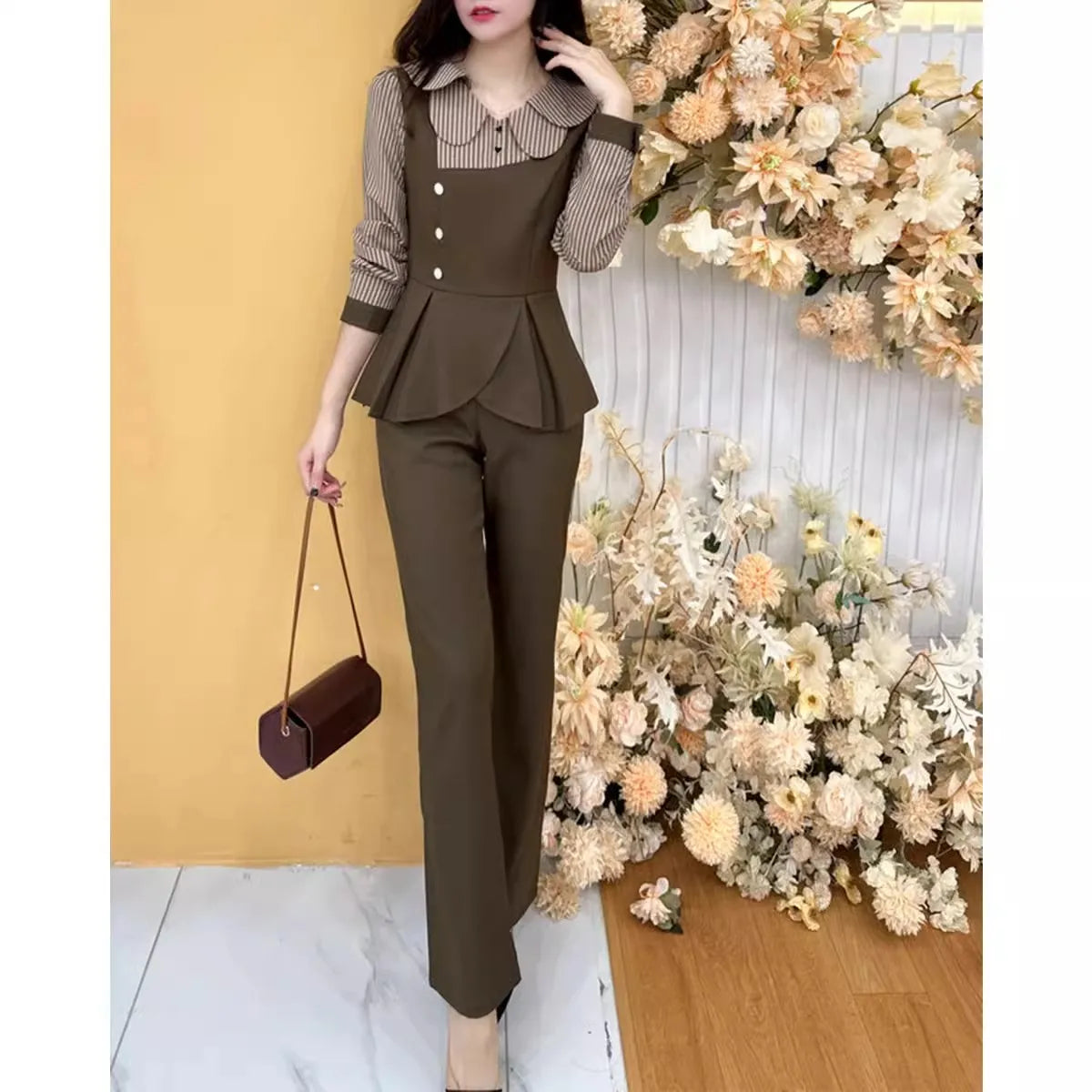 Fashion Ladies Set Office Clothes Autumn New Retro Slim Doll Collar Stripe Spliced Shirt Top Straight Pants 2-Piece Suit Women