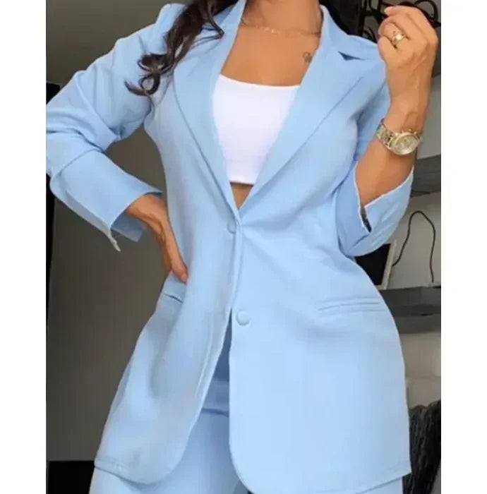 Elegant Autumn Women's Blazer and Pants Two Piece Set Female Outifits Fashion Notched Collar Coat & Pocket Design Trouser Suit