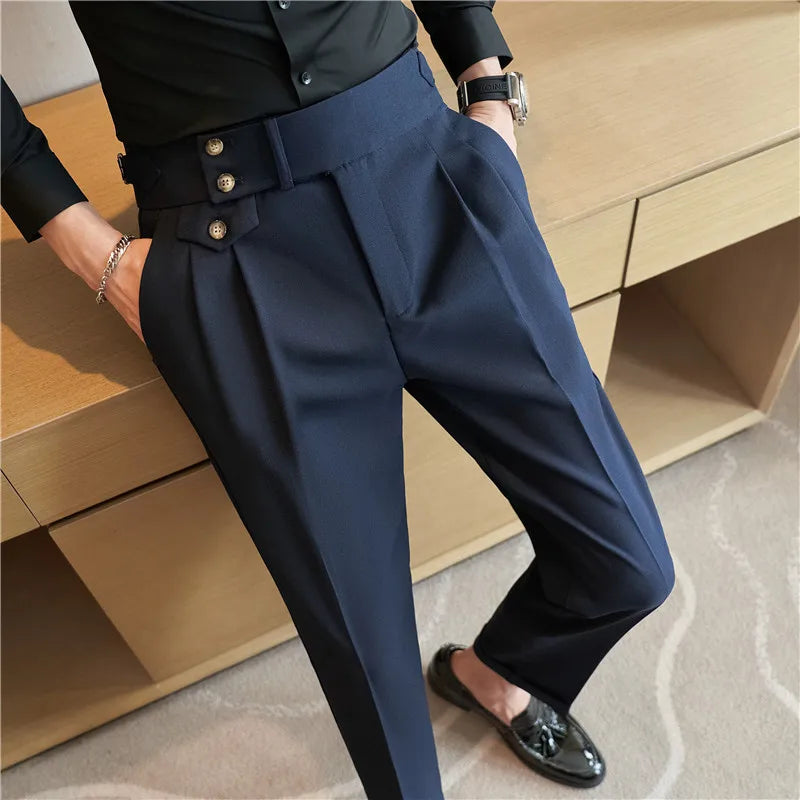 British Style Pants Men High Waist Belt Design Casual Slim Formal Office Dress Pant Men Social Wedding Party Dress Suit Trousers