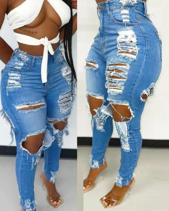 Women Denim Holes Jeans Washing Pencil Pants High Waist Zipper Fly Slim Fit Pockets Full Length Spring 2024 Streetwear