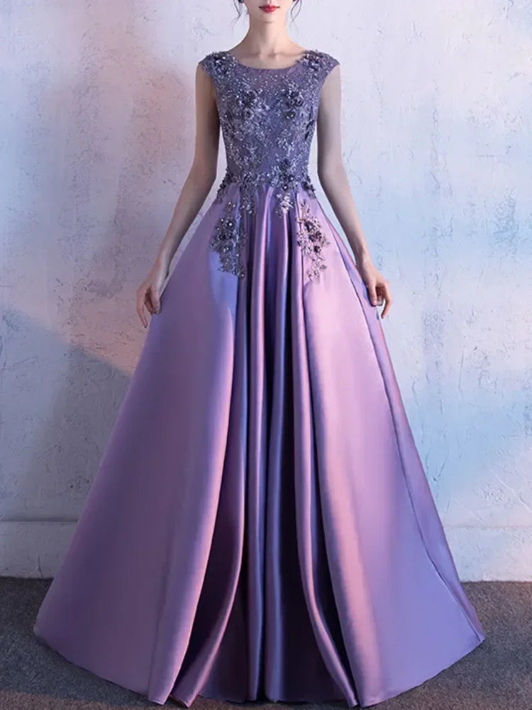 Customized Temperament O-neck Embroidery Appliques Evening Dress Slim Waist Pleated Prom Dresses Sleeveless Elegant Wedding Part