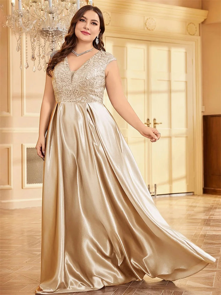 XUIBOL Plus Size Luxury Grey Satin V-Neck Evening Dress Elegant 2024 Women Wedding Party Prom Floor Lenght Cocktail Dress