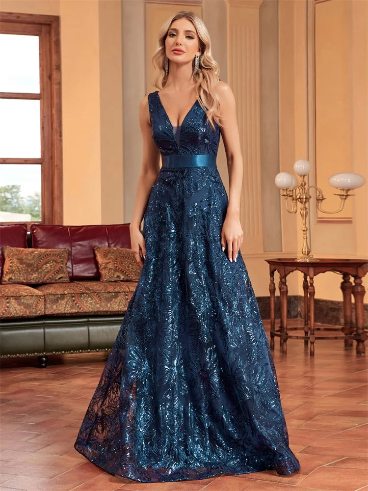 Lucyinlove Luxury Sexy Deep V-Neck Sequins Blue Evening Dresses Women Elegant V-back Wedding Party Long Prom Cocktail Dress