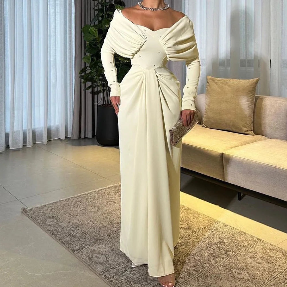 Customized Light Yellow Jersey and Sparkly Crystal Evening Dress with Off the Shoulder Long Sleeves Classic Strapless Party Gowm