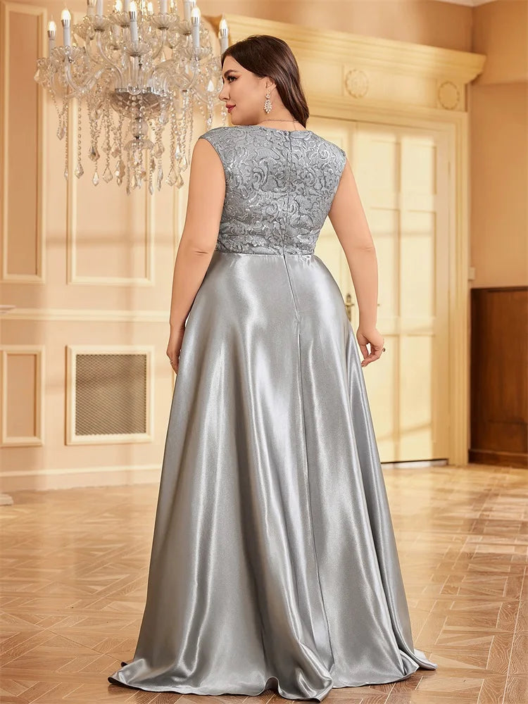 XUIBOL Plus Size Luxury Grey Satin V-Neck Evening Dress Elegant 2024 Women Wedding Party Prom Floor Lenght Cocktail Dress