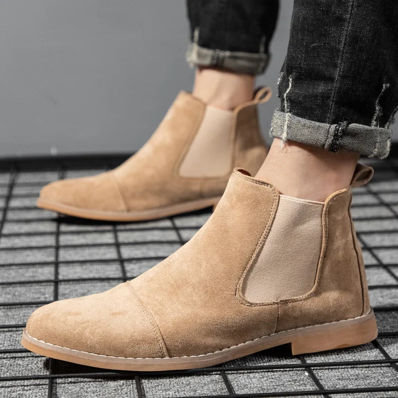 Cheap Fashion Yellow Chelsea Boots Men Pointed Comfort Dress Boots Men Slip on Men's Suede Leather Shoes Zapatos Hombre Casual