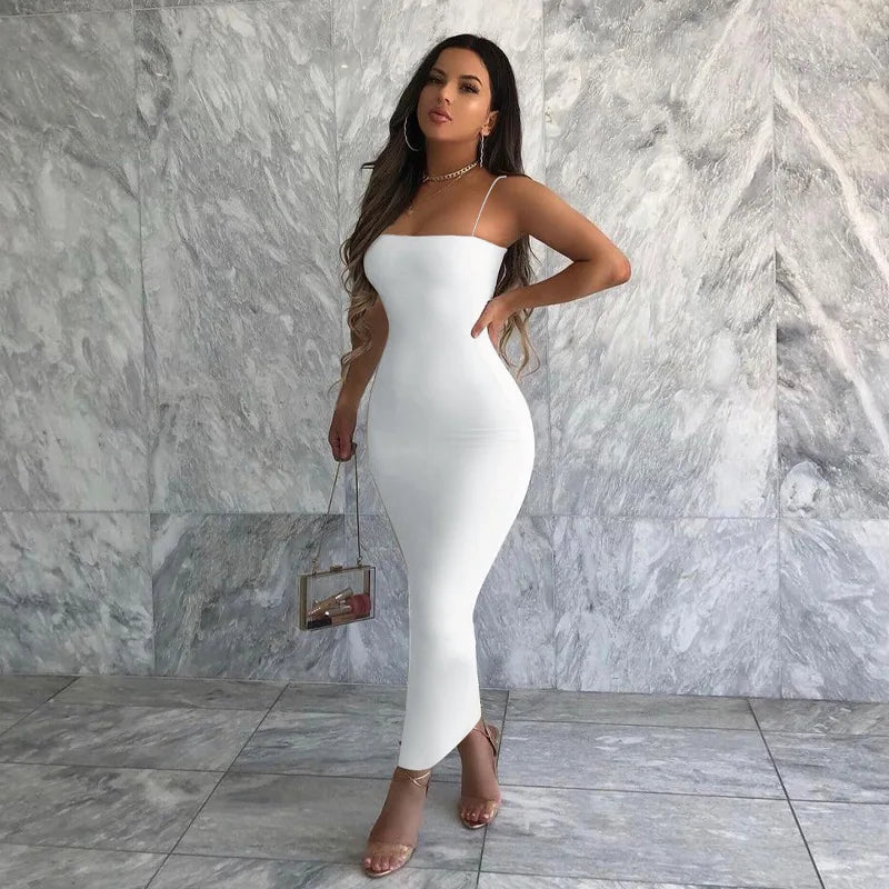 Nsangu 2024 Autumn Winter Women Solid White Black Strap Midi Dress Bodycon Sexy Streetwear Party Club Elegant Fashion Clothes