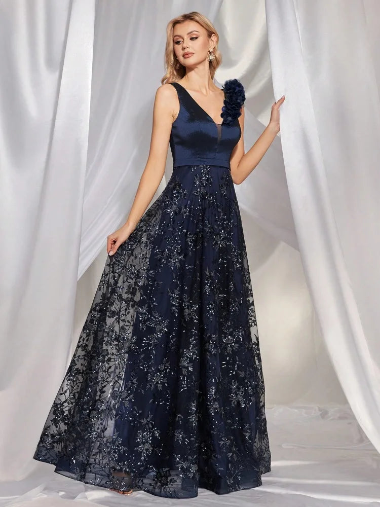 Lucyinlove Elegant V-Neck Blue Floral Evening Dress Long 2024 Luxury Women Chiffon Sleevesless Party Dress Prom Cocktail Dress