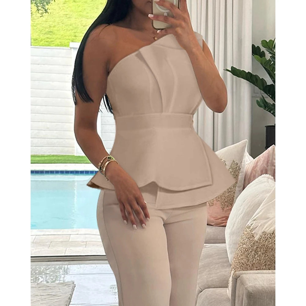 Women One Shoulder Ruched Top & Straight Leg Pants Set Causal Elegant Solid Color Two Pieces Office Suits Set y2k Clothes