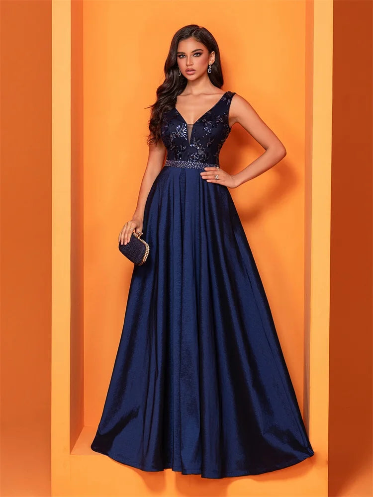 Lucyinlove Luxury Sexy Deep V-Neck Sequins Blue Evening Dress Women Elegant V-back Satin Party Long Prom Cocktail Dress