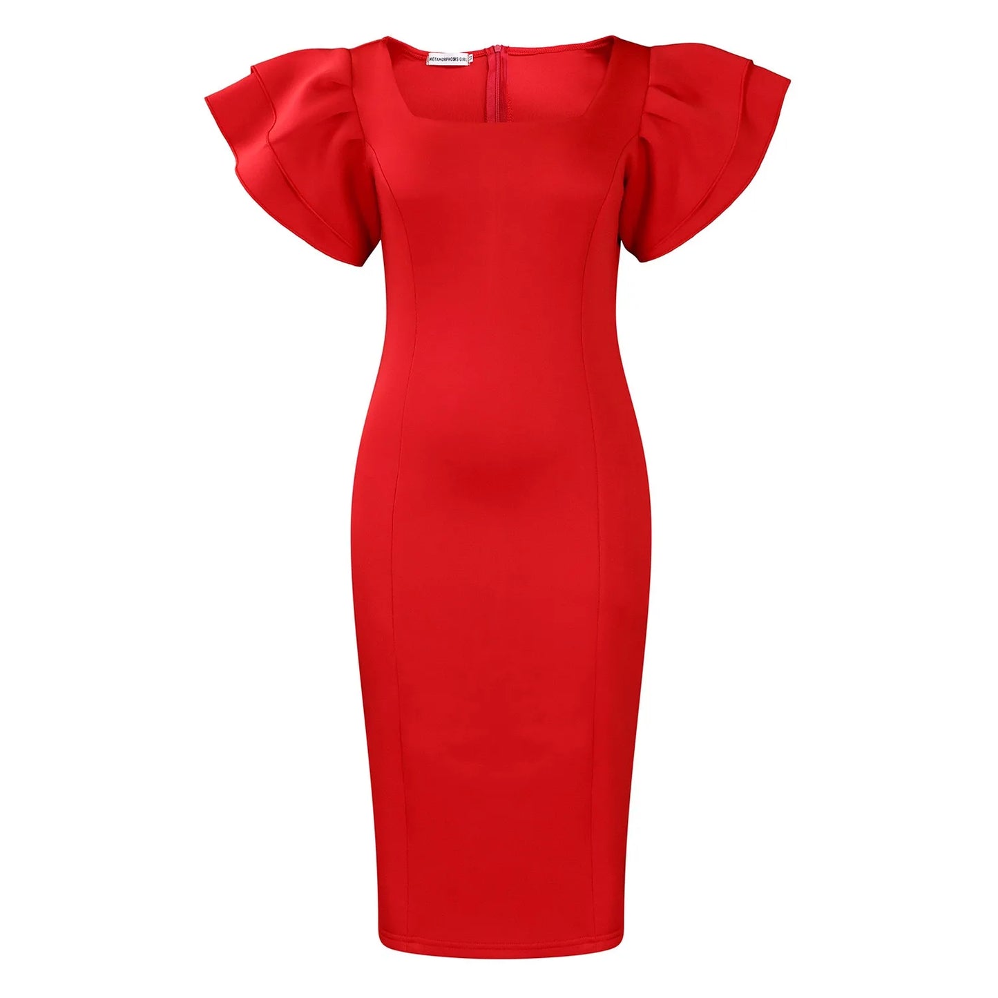 Elegant Bodycon Dresses for Women Square Neck Ruffles Sleeve Sheath Package Hips Mid Calf Professional Business Work Dress Midi