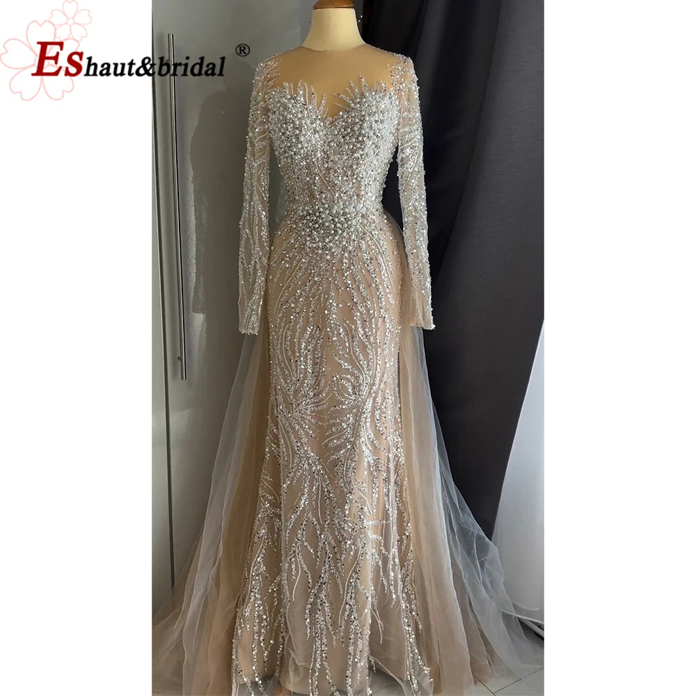 Elegant Evening Dress for Women 2025 Long Sleeves Mermaid Detachable Train Pearls Formal Prom Wedding Party Gown Customized