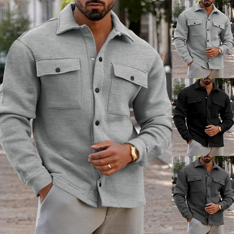 2024 new autumn and winter casual men's warm plush lapel top pocket single-breasted solid color slim fashion jacket outer suit