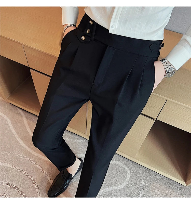 British Style Pants Men High Waist Belt Design Casual Slim Formal Office Dress Pant Men Social Wedding Party Dress Suit Trousers