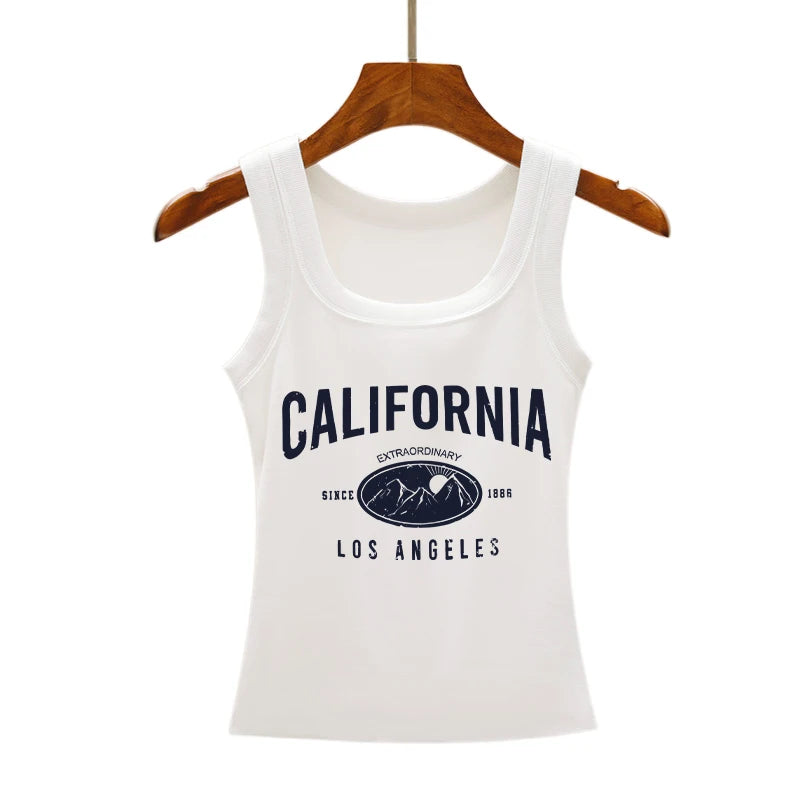 California Los Angeles Prints Tank Top Summer Women Sleeveless Tight Ribbed Female Cotton Knit Vest Straps Casual Street Clothes