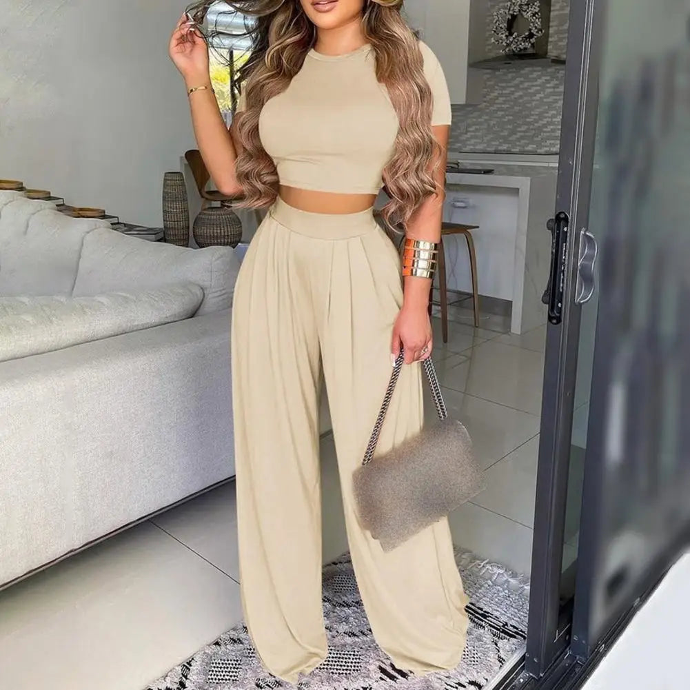 Summer Elegant Women Two Piece Set Fashion O-Neck Slim Tops And Wide Leg Pants Suits For Ladies Casual Floral Print Chic Outfits