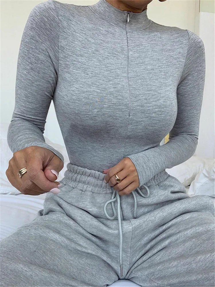 Shestyle Solid Zipper Bodycon Bodysuits Women Sexy Mock Neck Autumn Long Sleeve Fashion Slim Basic Body Winter Gray Outfits Lady