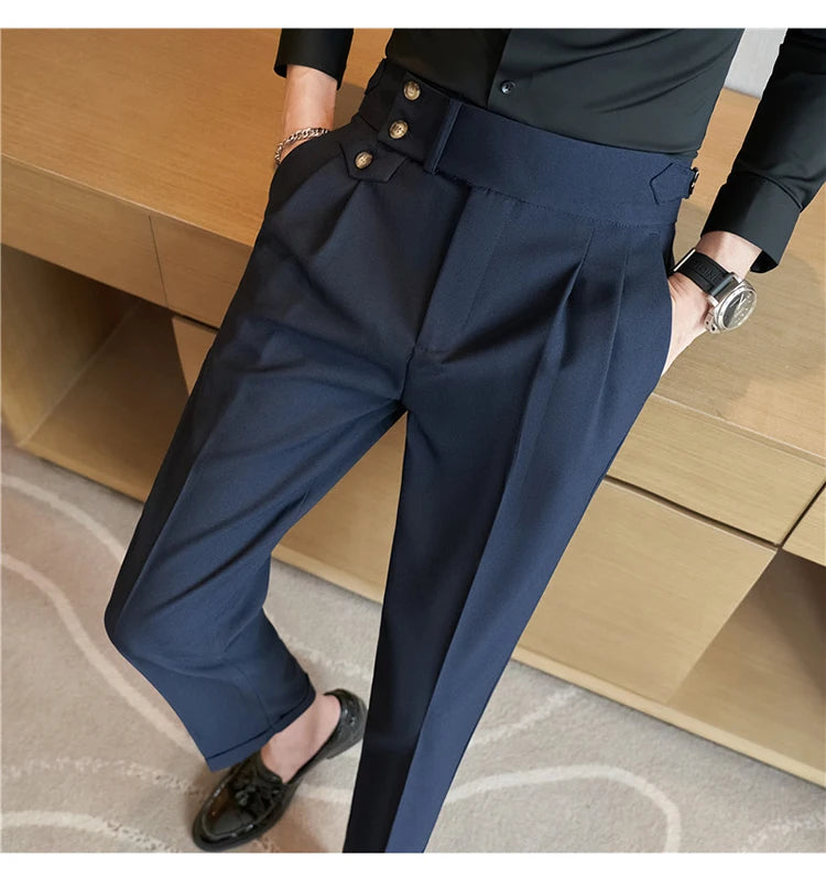 British Style Pants Men High Waist Belt Design Casual Slim Formal Office Dress Pant Men Social Wedding Party Dress Suit Trousers