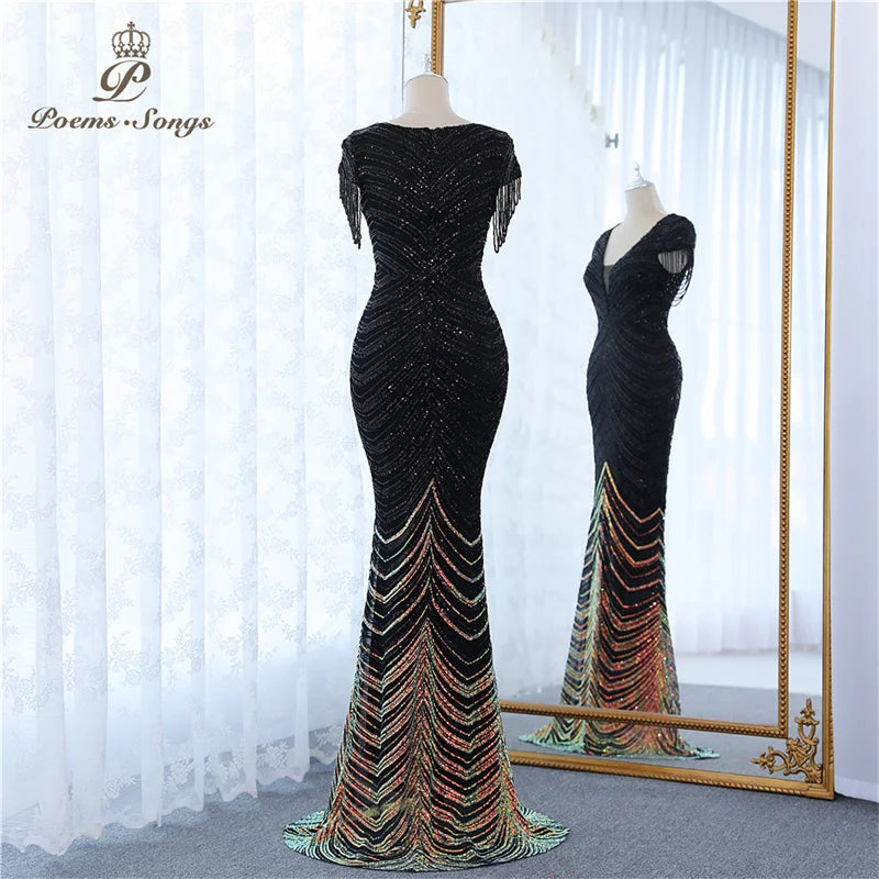 New green Short Sleeve Beaded style mermaid evening dresses vestidos formales vestidos de fiesta robe de soiree de mariage