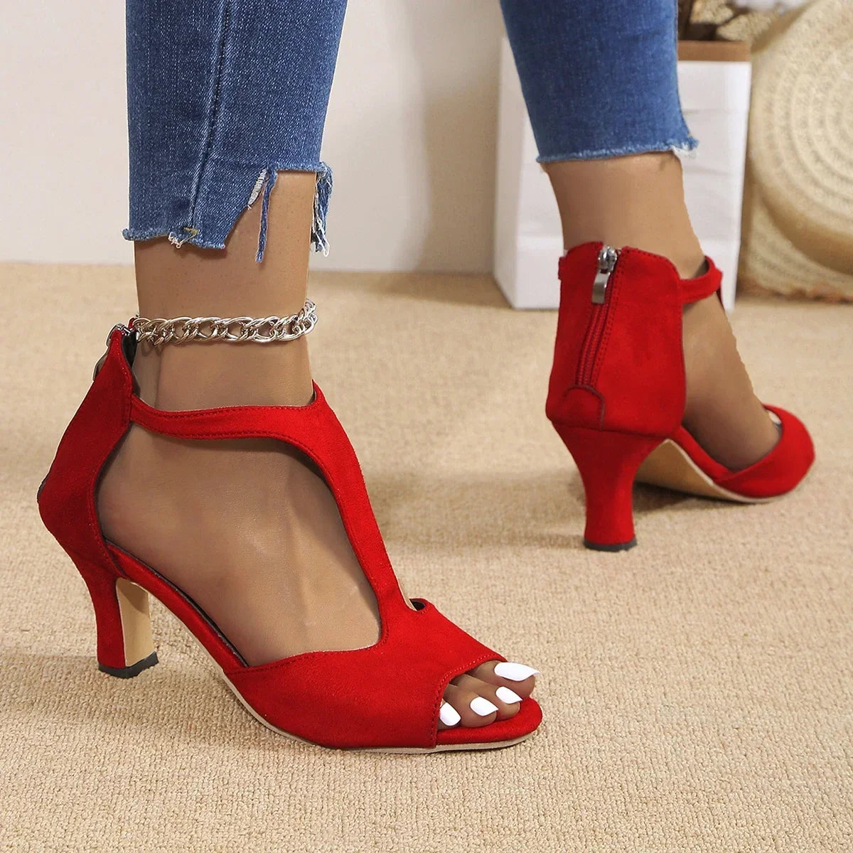 SIZE: 45 Heeled Sandals Women 2024 New Simple Back Zipper Fishmouth High Heels Women Shoes Summer Fashion Stiletto Women Sandals