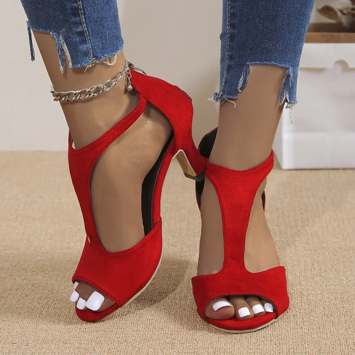 SIZE: 45 Heeled Sandals Women 2024 New Simple Back Zipper Fishmouth High Heels Women Shoes Summer Fashion Stiletto Women Sandals