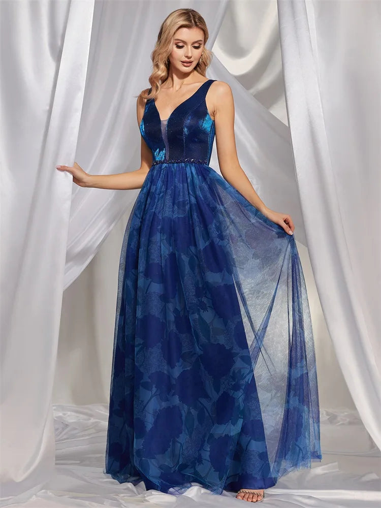 Lucyinlove Luxury Sexy Deep V-Neck Sleeveless Blue Evening Dress 2024 Women Elegant Wedding Party Long Prom Cocktail Dresses