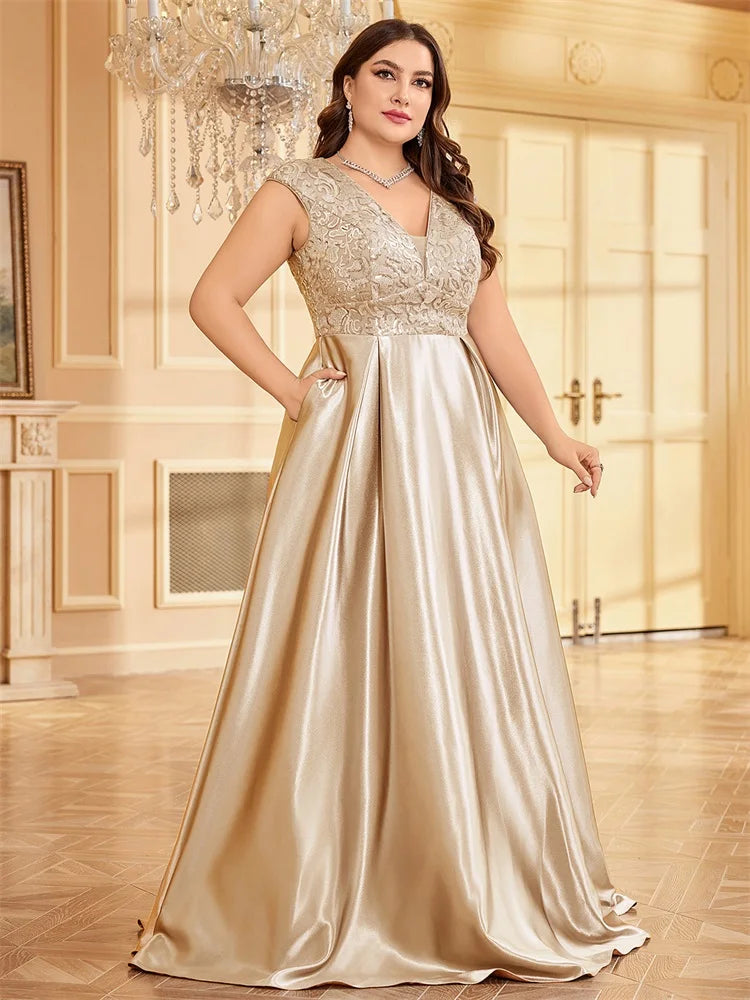 XUIBOL Plus Size Luxury Grey Satin V-Neck Evening Dress Elegant 2024 Women Wedding Party Prom Floor Lenght Cocktail Dress