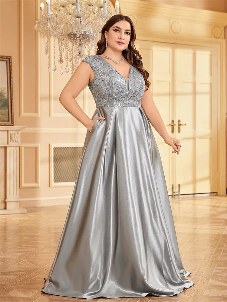 XUIBOL Plus Size Luxury Grey Satin V-Neck Evening Dress Elegant 2024 Women Wedding Party Prom Floor Lenght Cocktail Dress