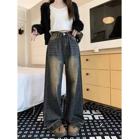 Vintage High-waisted Plus-size Jeans Women's Loose-fit Straight-leg Wide-leg Dragged Pants Autumn/winter Season