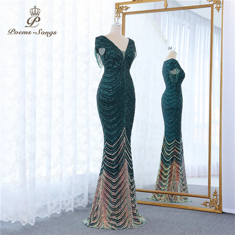 New green Short Sleeve Beaded style mermaid evening dresses vestidos formales vestidos de fiesta robe de soiree de mariage