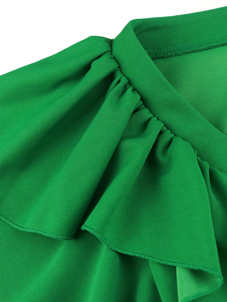 Women Pleated Midi Dresses Short Sleeve Ruffles Elegant Green Yellow A Line Spring Summer Chic Fashion Gown Party Birthday Robes