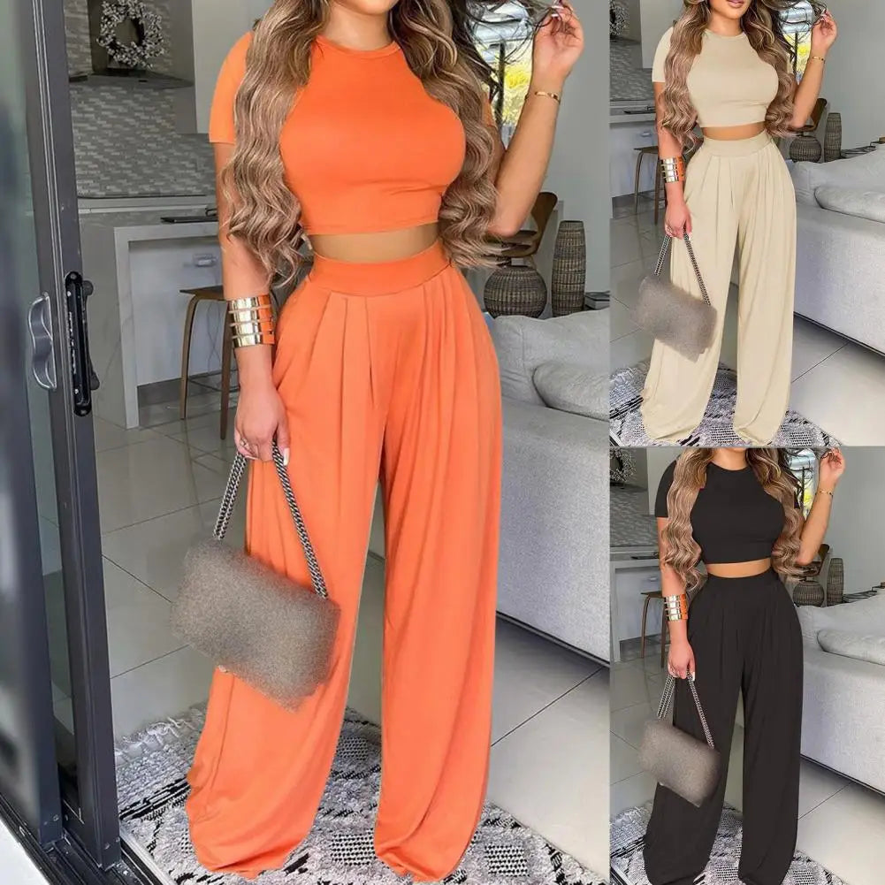 Summer Elegant Women Two Piece Set Fashion O-Neck Slim Tops And Wide Leg Pants Suits For Ladies Casual Floral Print Chic Outfits