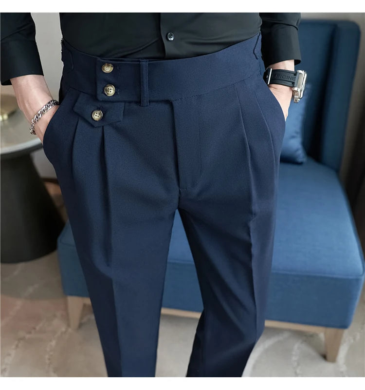 British Style Pants Men High Waist Belt Design Casual Slim Formal Office Dress Pant Men Social Wedding Party Dress Suit Trousers