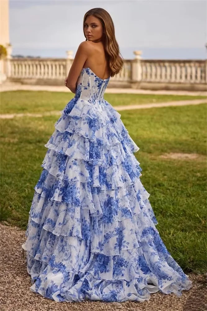 Customized Strapless Print Tiered Ruffle A-Line Evening Dress Wedding Party Dress Sexy Sweetheart Backless Side Slit Prom Dress