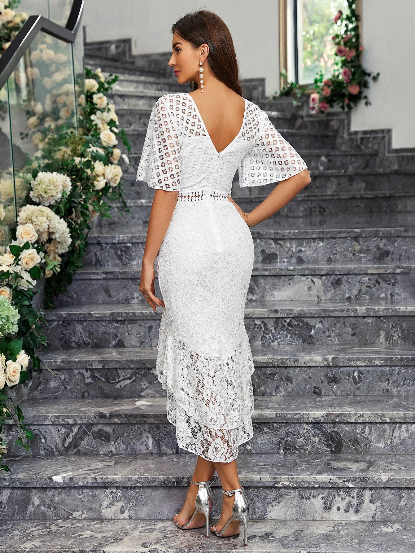 Women Sexy V Neck Lace-Up Slim Long Dress Elegant Lace Flower Cherrykeke Vestidos Fashion 2024 Summer Holiday Wedding Party Robe