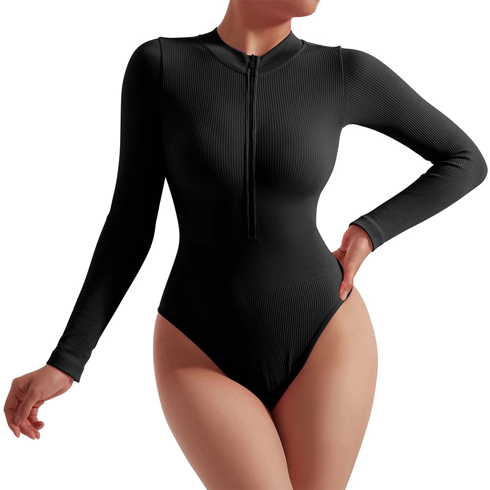 Slim Ladies Sexy Bodysuit Solid Fashion Skinny Bodycon Women Bodysuit Long Sleeve V-Neck Casual Black Beige Female Bodysuit