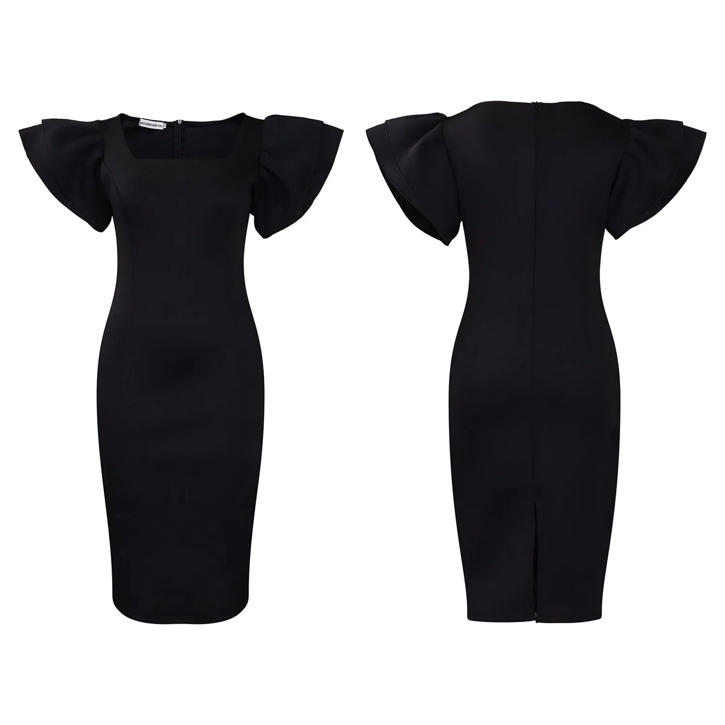 Elegant Bodycon Dresses for Women Square Neck Ruffles Sleeve Sheath Package Hips Mid Calf Professional Business Work Dress Midi