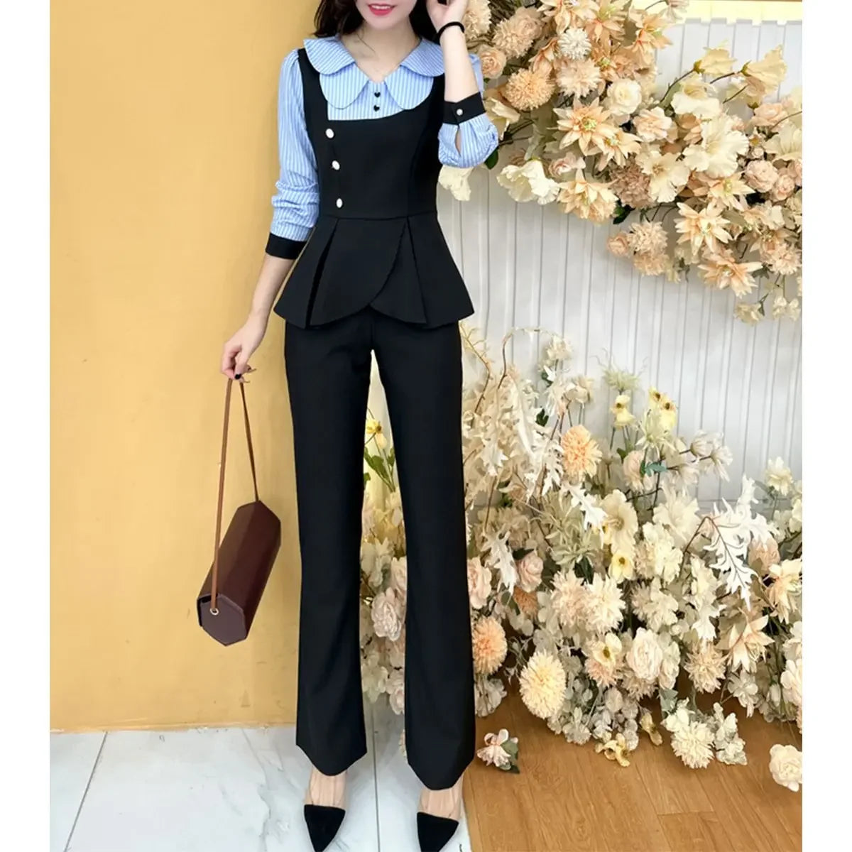 Fashion Ladies Set Office Clothes Autumn New Retro Slim Doll Collar Stripe Spliced Shirt Top Straight Pants 2-Piece Suit Women