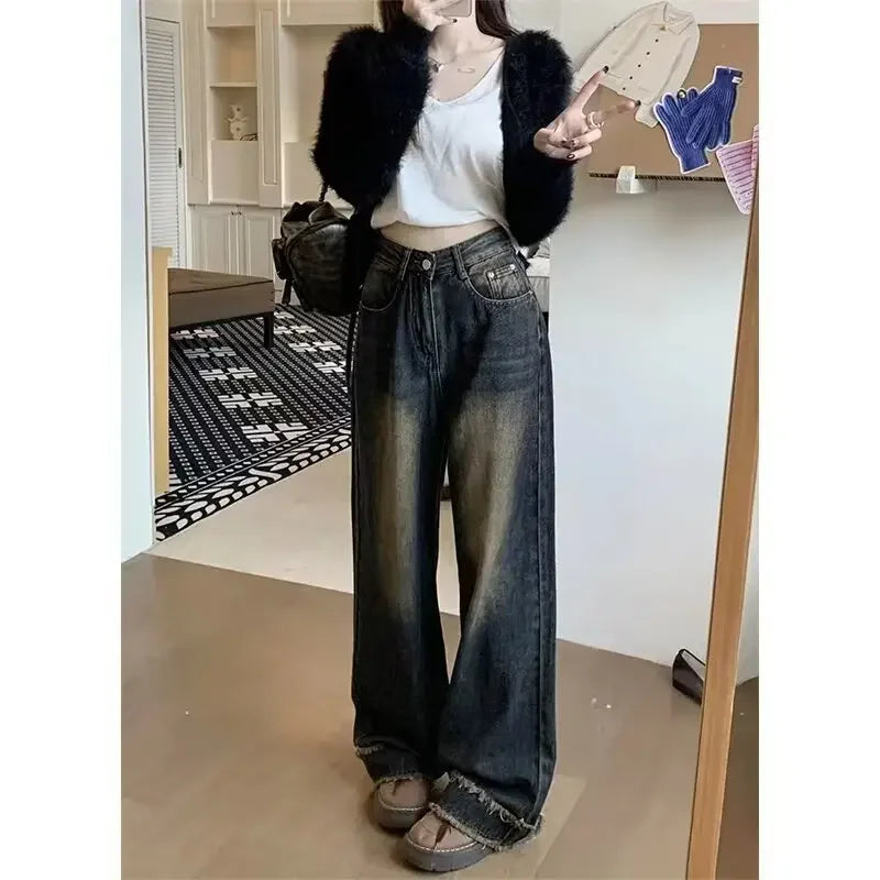 Vintage High-waisted Plus-size Jeans Women's Loose-fit Straight-leg Wide-leg Dragged Pants Autumn/winter Season