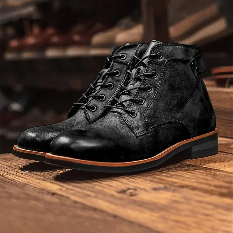 Motorcycle Boots American Casual Leather Shoes Men's UK Style Retro Work Shoes Men Big Head Lace Up Ankle Boot Plus Size Male