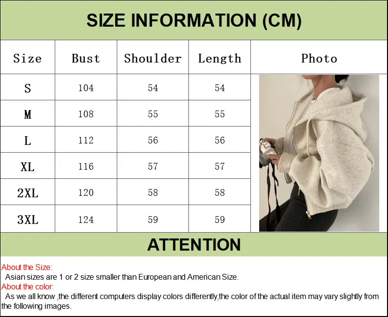 Casual Hood Sweatshirt Women Y2K Zip Up Hoodies Solid Harajuku Long Sleeve Shirt Oversized Crop Tops Female Loose Jackets Coat