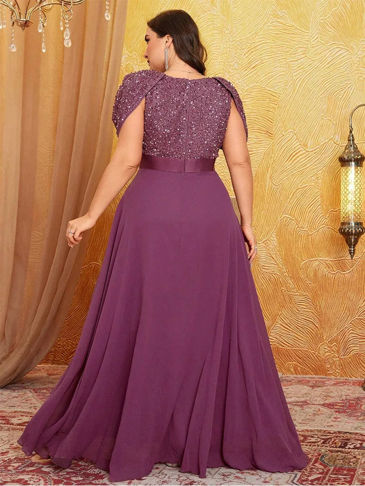 Plus Size V Neck Puff Sleeve Sparkling Evening Dress 4XL 5XL Big Size Lotus Pink Luxury Wedding Banquet Bridesmaid Prom Gown