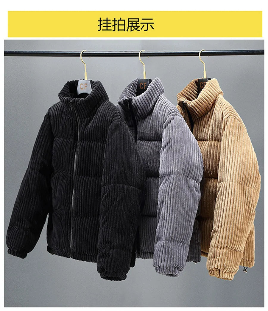 2025 New Men's Corduroy Parkas Thick Warm Cotton Padded Jackets Casual Stand Collar Solid Zipper Coats Man Winter Warm Outerwear