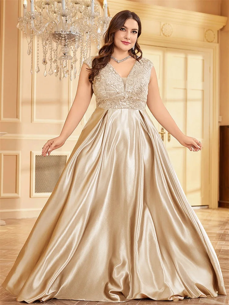 XUIBOL Plus Size Luxury Grey Satin V-Neck Evening Dress Elegant 2024 Women Wedding Party Prom Floor Lenght Cocktail Dress