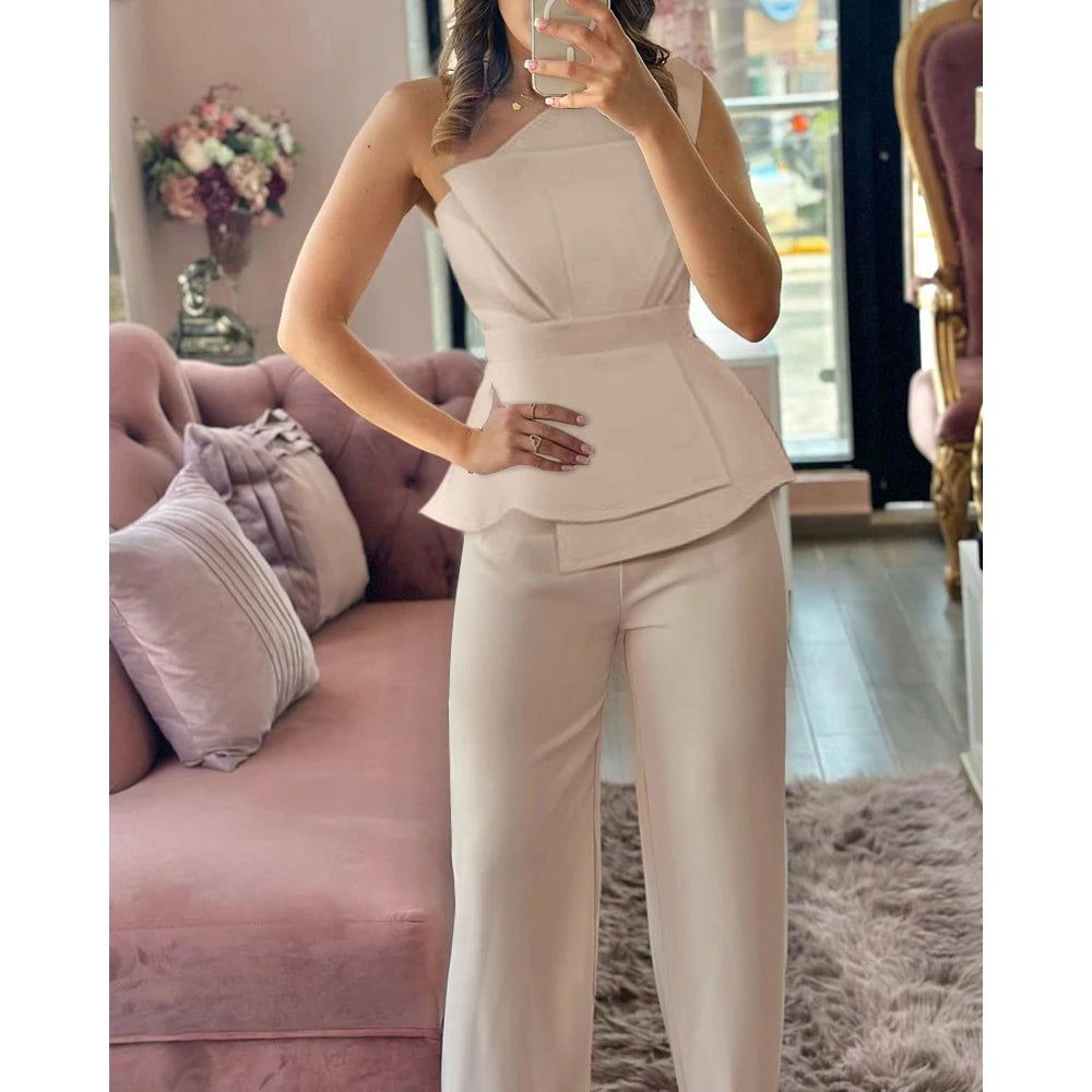 Women One Shoulder Ruched Top & Straight Leg Pants Set Causal Elegant Solid Color Two Pieces Office Suits Set y2k Clothes