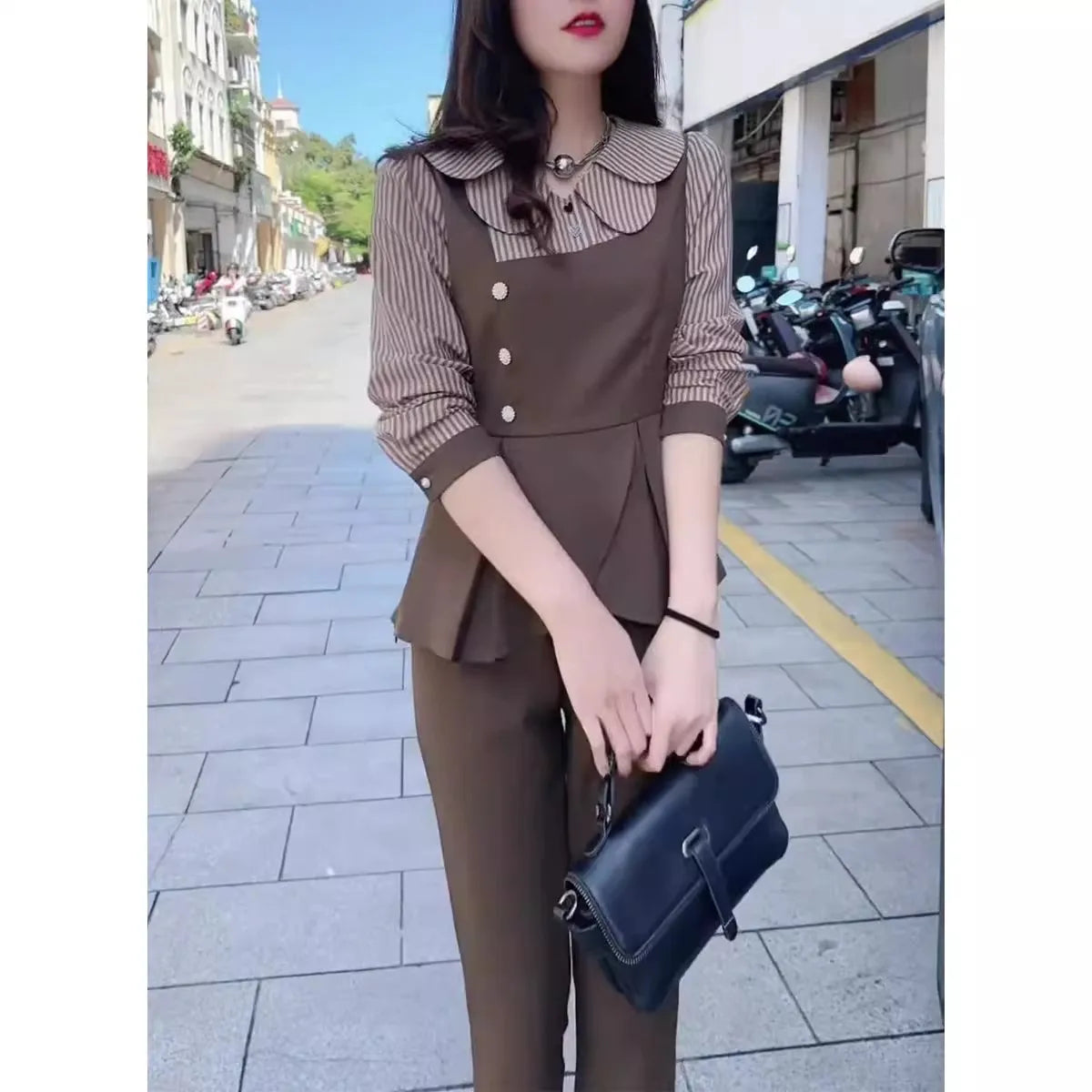 Fashion Ladies Set Office Clothes Autumn New Retro Slim Doll Collar Stripe Spliced Shirt Top Straight Pants 2-Piece Suit Women