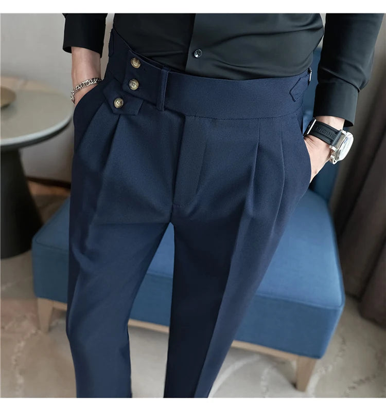 British Style Pants Men High Waist Belt Design Casual Slim Formal Office Dress Pant Men Social Wedding Party Dress Suit Trousers