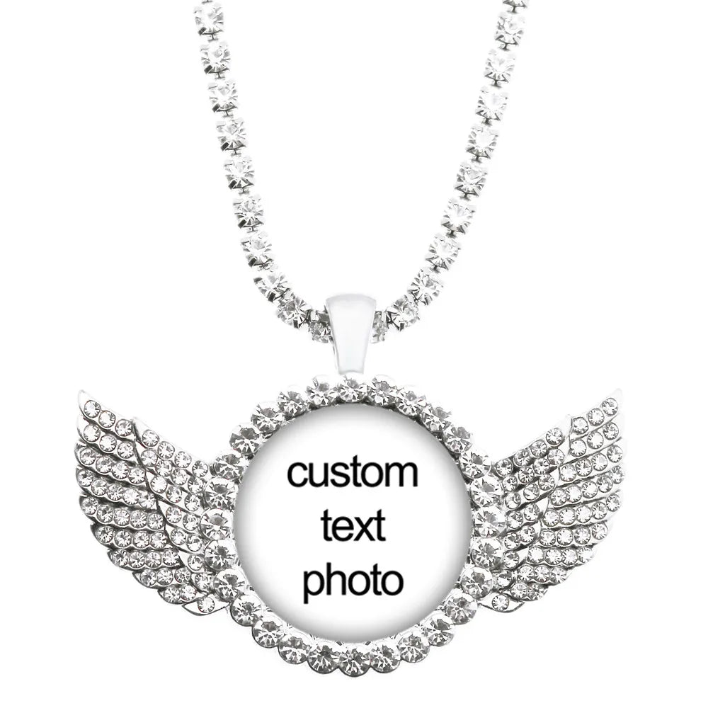 Custom Photo Necklace Crystal Angel Wing Personalized Glass Cabochon Pendant Necklace Baby Mom Dad Family Anniversary Gift